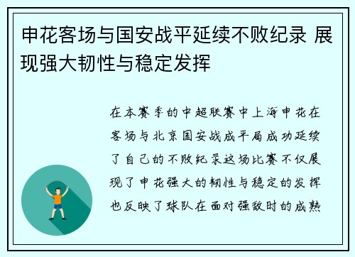 申花客场与国安战平延续不败纪录 展现强大韧性与稳定发挥